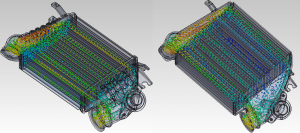 CFD analysis of stock (left) vs Mishimoto prototype 