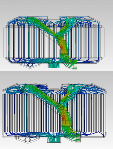 CFD analysis of stock cooler (top) and Mishimoto TMIC prototype cooler 
