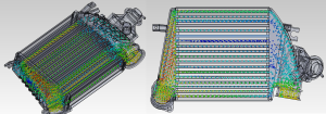 CFD analysis of stock (left) vs Mishimoto prototype 