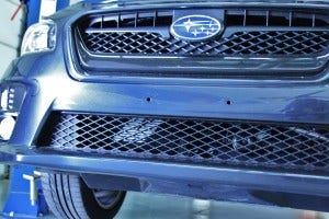 19-row oil cooler mounted with bumper installed on the WRX