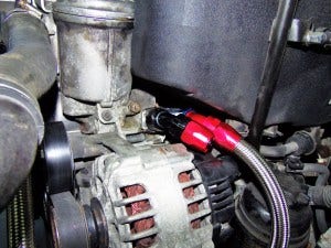 Mishimoto oil line adapter installed 