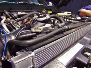 Mishimoto 6.7L Powerstroke prototype radiator installed 