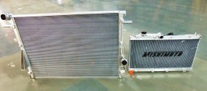 Mishimoto 6.7L Size comparison of Powerstroke prototype radiator (left) and Subaru WRX aluminum radiator 