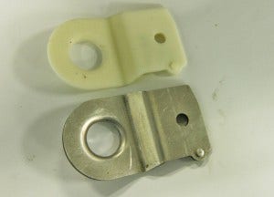 Mishimoto 3D prototype radiator stay (top) and aluminum prototype (bottom) 