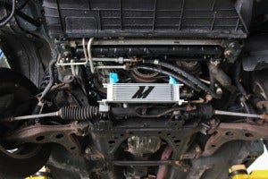 Prototype Mazda Miata oil cooler kit, mounted 