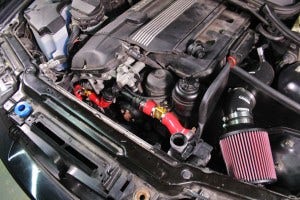 E46 radiator testing sensors installed in radiator hose 