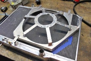 Fan shroud mocked into place on Mishimoto Ford Fiesta radiator