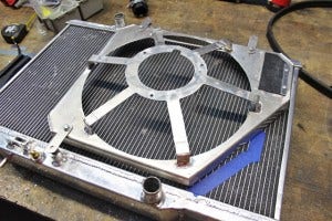 Fan shroud mocked into place on Mishimoto Ford Fiesta radiator 