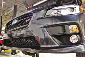 Mishimoto's 2015 WRX front-mount intercooler installed on the 2015 STI 