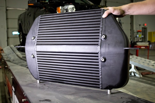 The Mishimoto 2011-14 F150 EcoBoost Intercooler from the front.