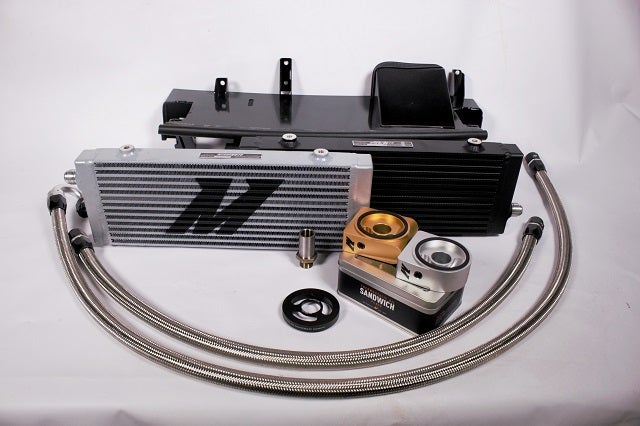 Mishimoto's Focus RS oil cooler kit components