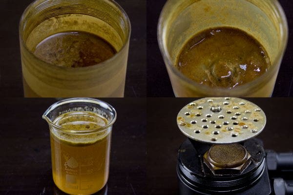 Even after emptying almost 60ml of blow-by, a layer of sludge held on to the bottom of the can.  In the bottom-right image you can also see how effective our 50-micron filter is at removing oil vapor from the returning gases.