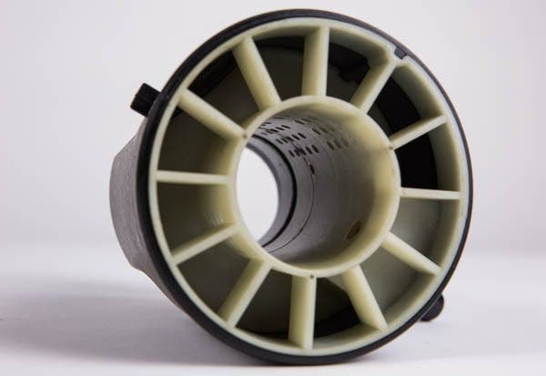 An inside look at the turbo muffler. The baffling and fins change the pressure of the air, in turn creating different sound wavelengths to cancel out the high pitched whine of the turbo.