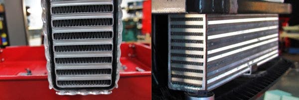 Comparison of what a tube-and-fin (left) core looks like to a bar-and-plate (right) core