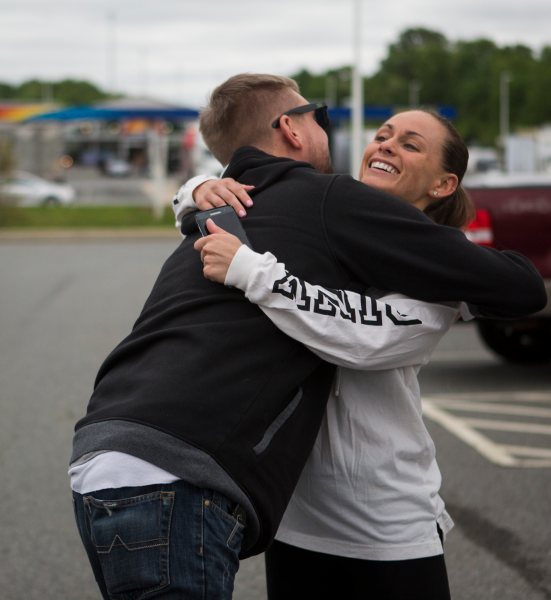 Evan Neaves handing out hugs once he arrived at the Delaware House to meet the rest of the group.