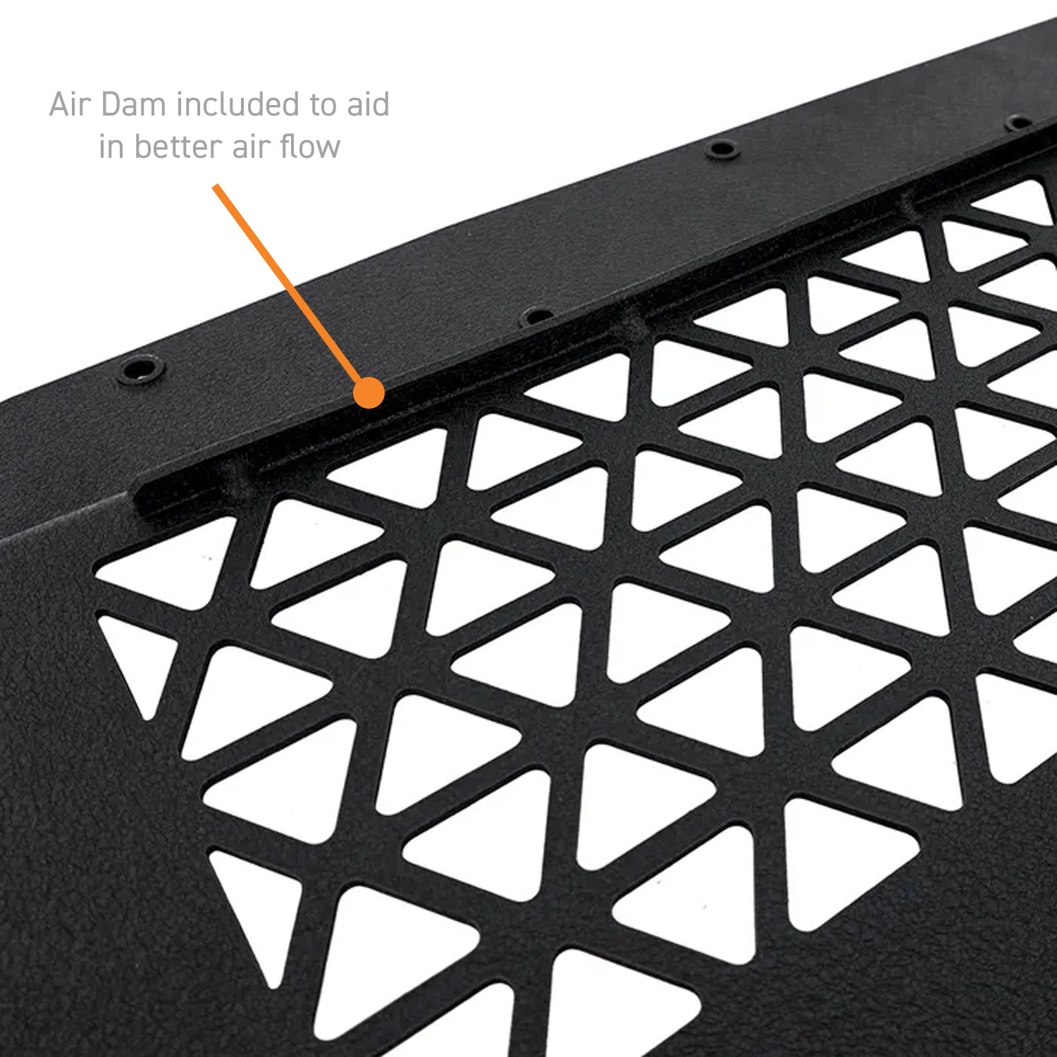 A close-up of the skid plate air dam.