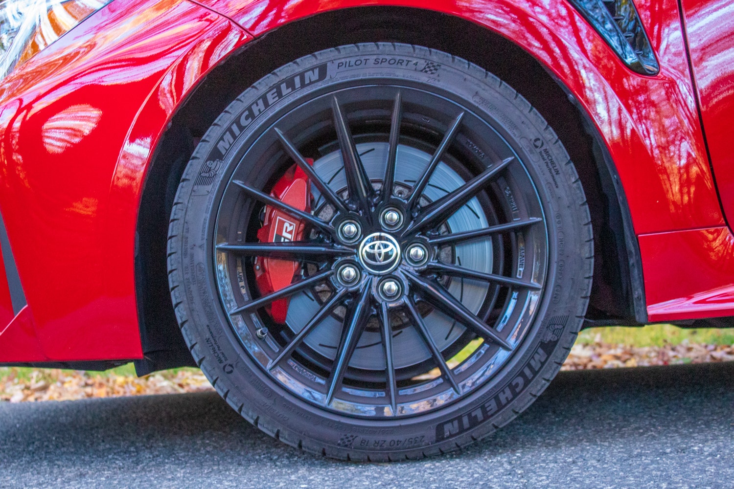 The wheel of the 2023 Toyota GR Corolla.