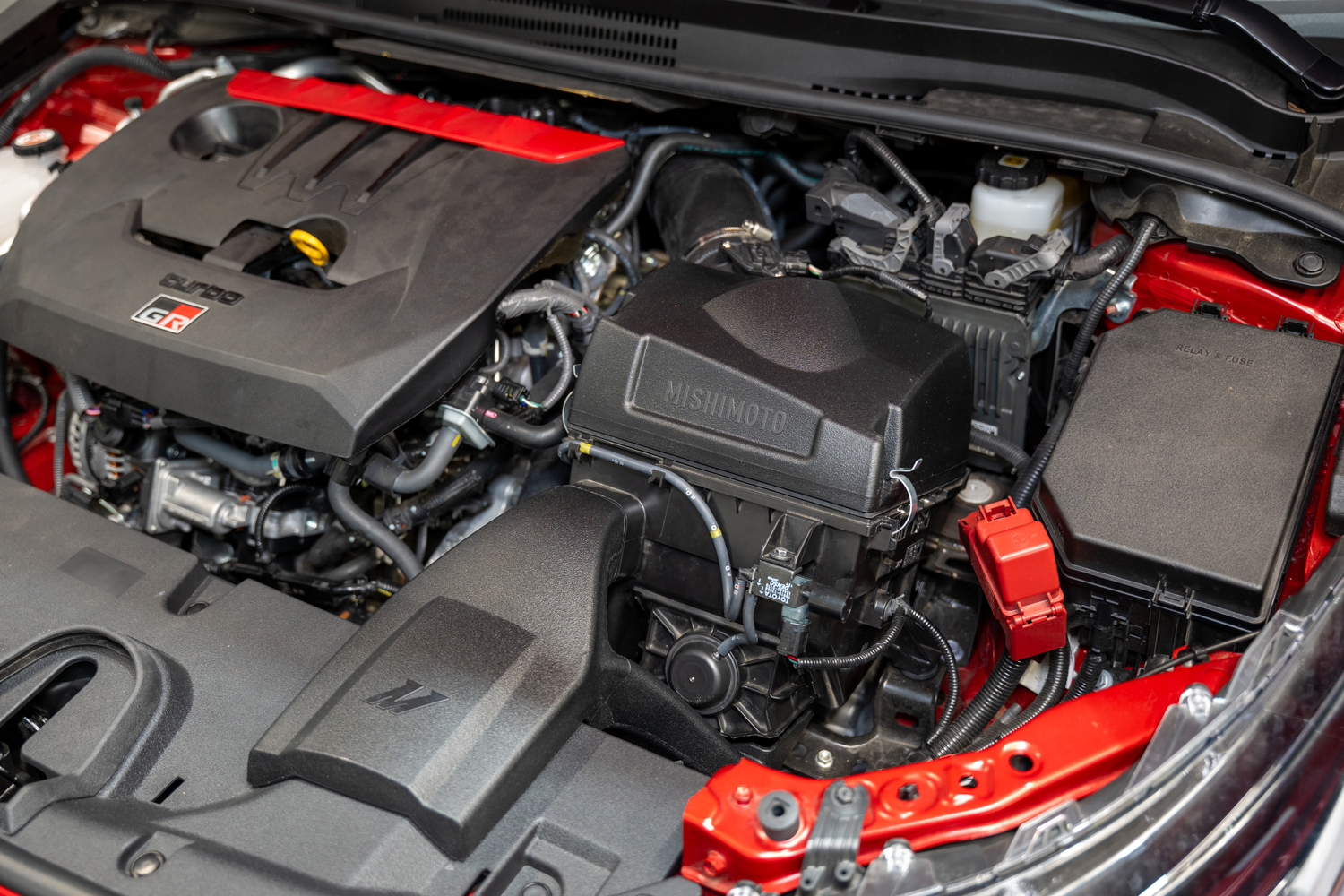 The engine bay of the 2023 Toyota GR Corolla, featuring our Performance Air Intake.