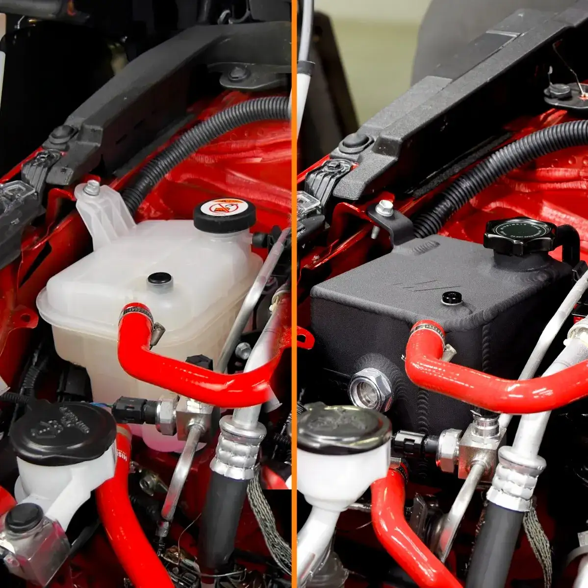 Comparison between the stock and Mishimoto coolant expansion tanks.
