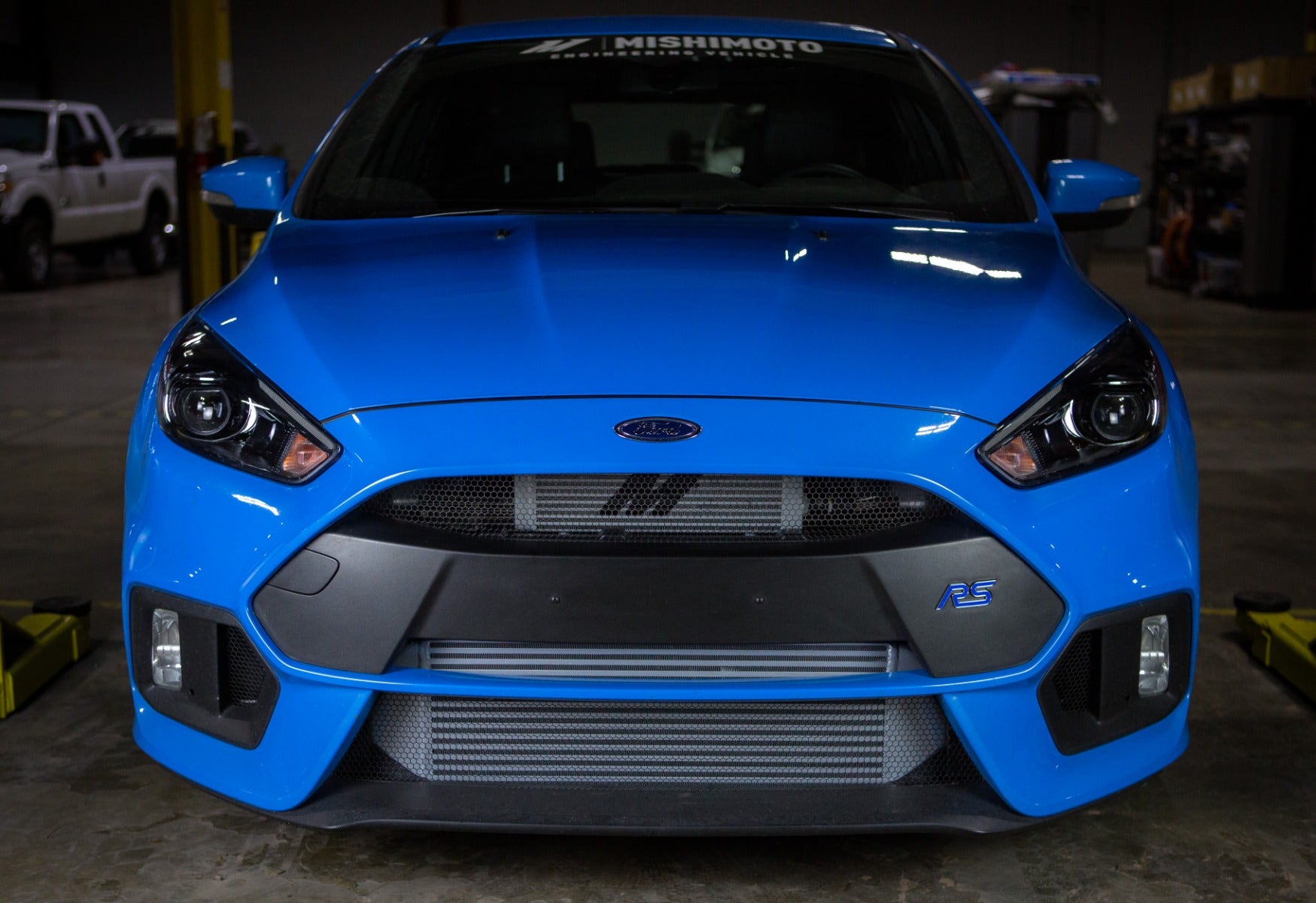 Blue Ford Focus RS fitted with a performance intercooler.
