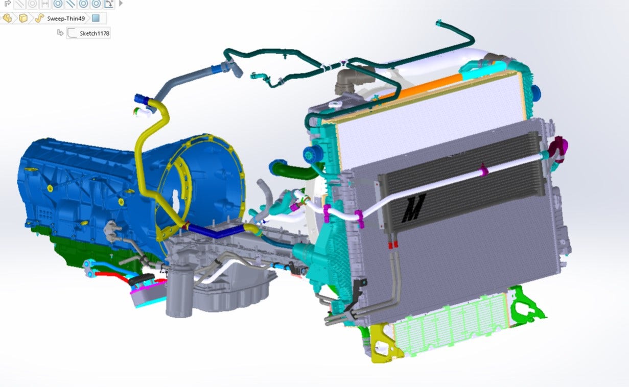 A 3D rendering of the proposed design for the Mishimoto Transmission cooler.