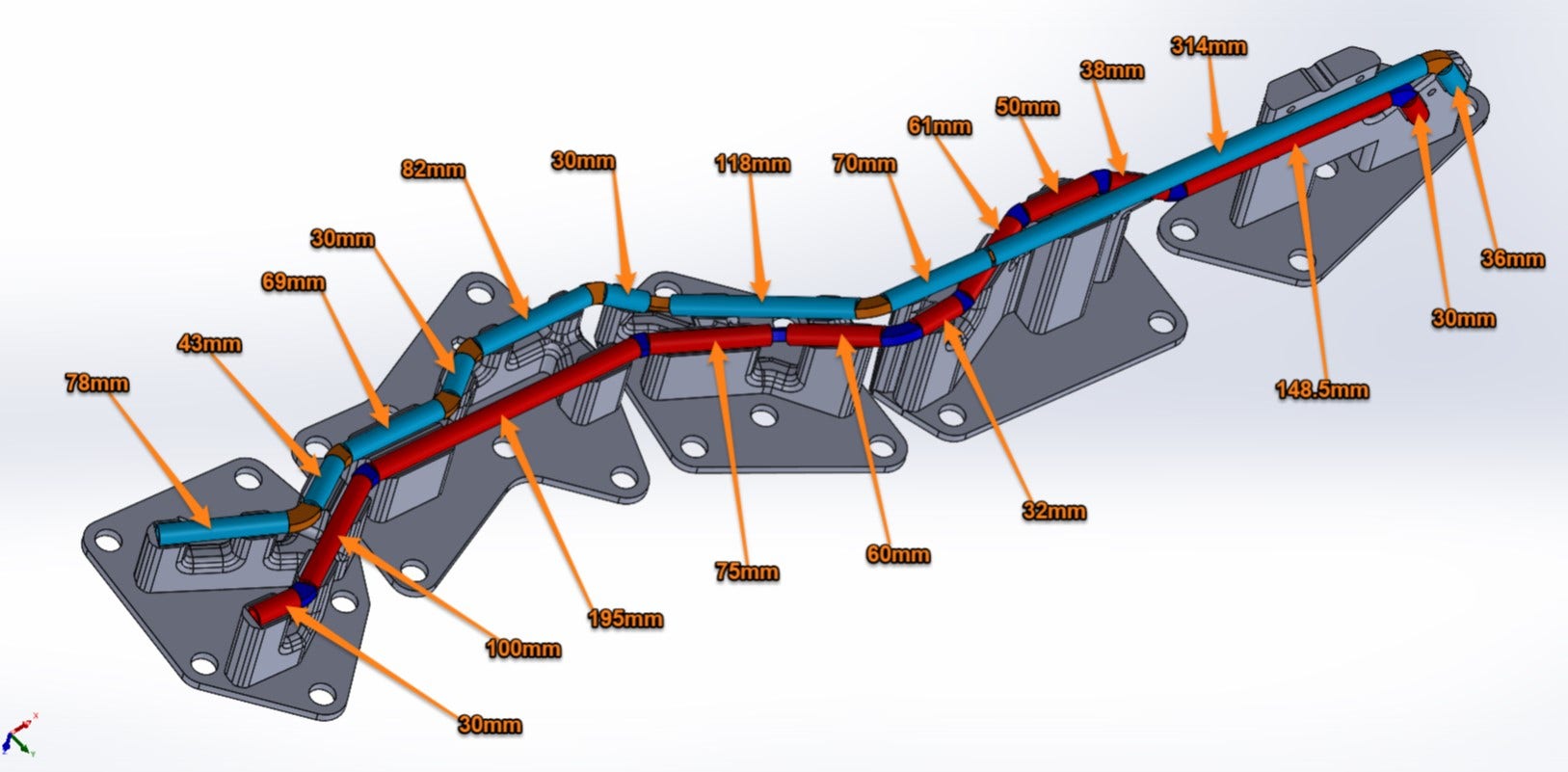 A 3D rendering of the proposed design for the transmission cooling lines.