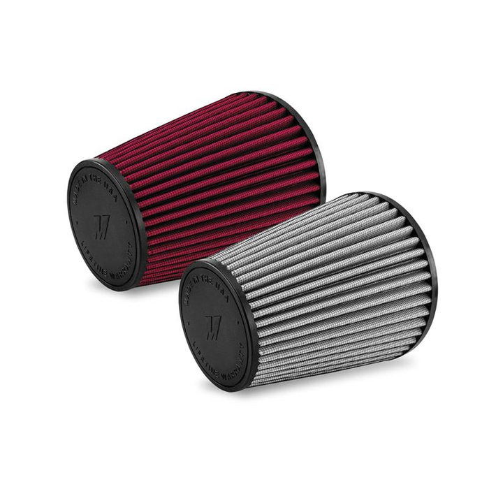An image of a maroon red and light gray performance air filter side-by-side.
