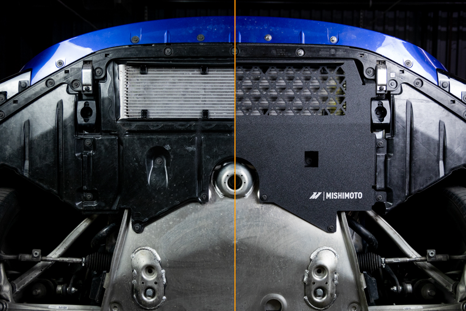 A split image comparing the stock skid plate of a BMW G8X and the Mishimoto version.