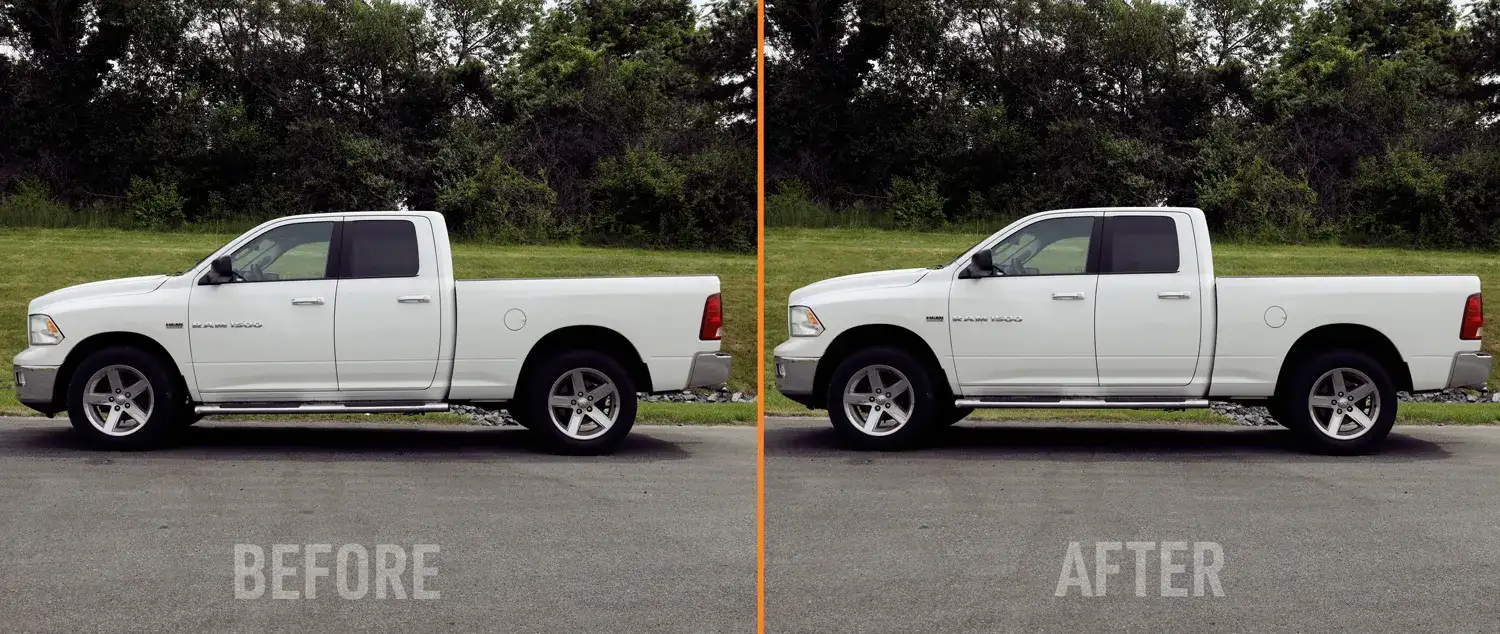 truck with normal suspension vs truck with lift and level kit modifications