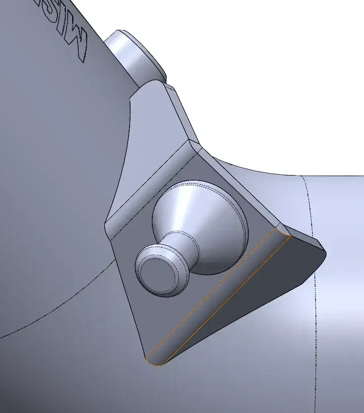 From a 3D rendering, a close-up image of the mounting bracket for the Mishimoto charge pipe for the BMW N55 engine.